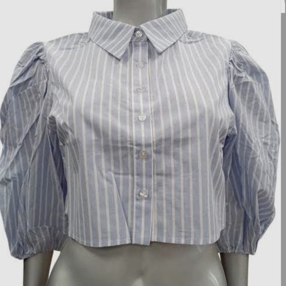 Blue&White Striped Croped Button Up Puff Sleeve 100% Cotton Blouse SZ XL - Picture 2 of 11